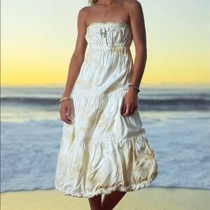 Billabong Vintage Y2K Strapless Tiered Maxi Dress Embroidered Boho Ivory White